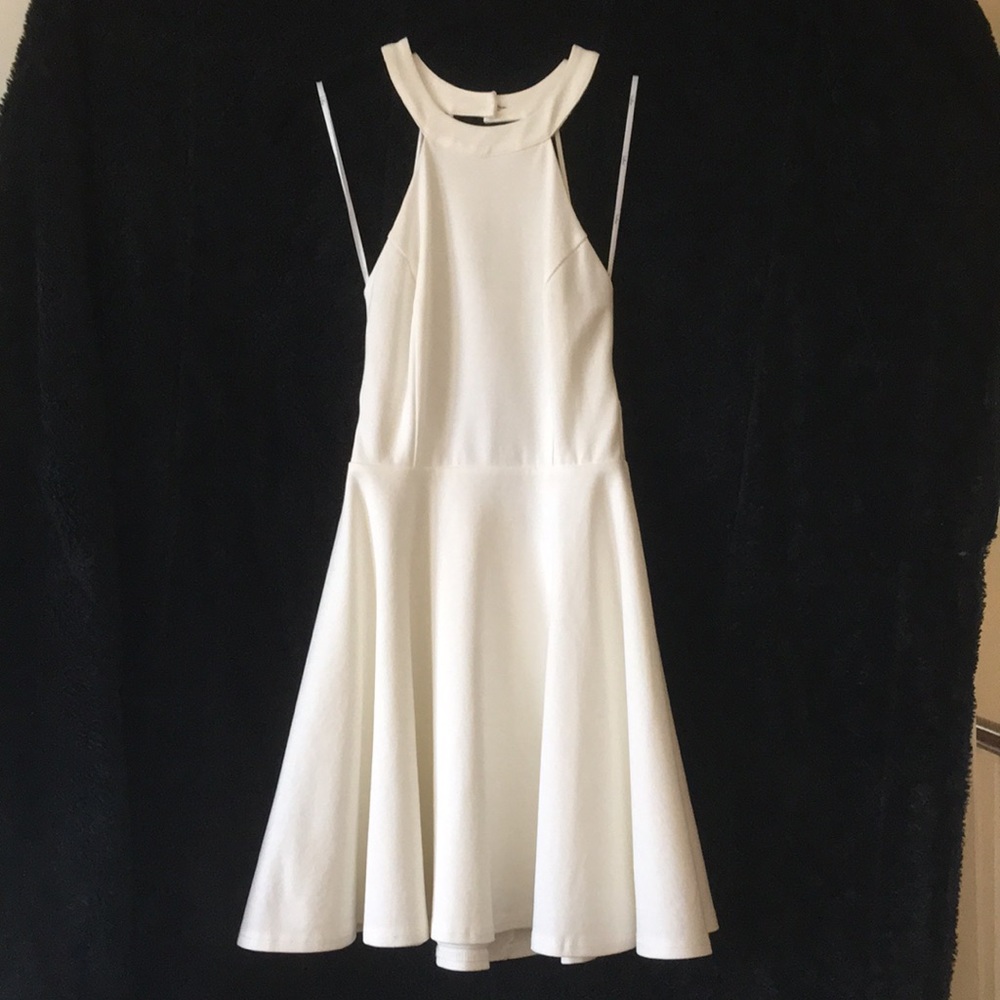 Lulus Xs winter white skater dress with banded neckline and brass button closure
